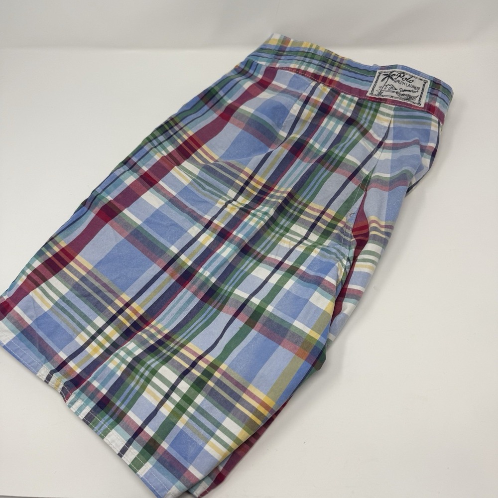 Polo Ralph Lauren Mens Swim Trunks Sz 30 100% Cotton Plaid Blue Green Pockets